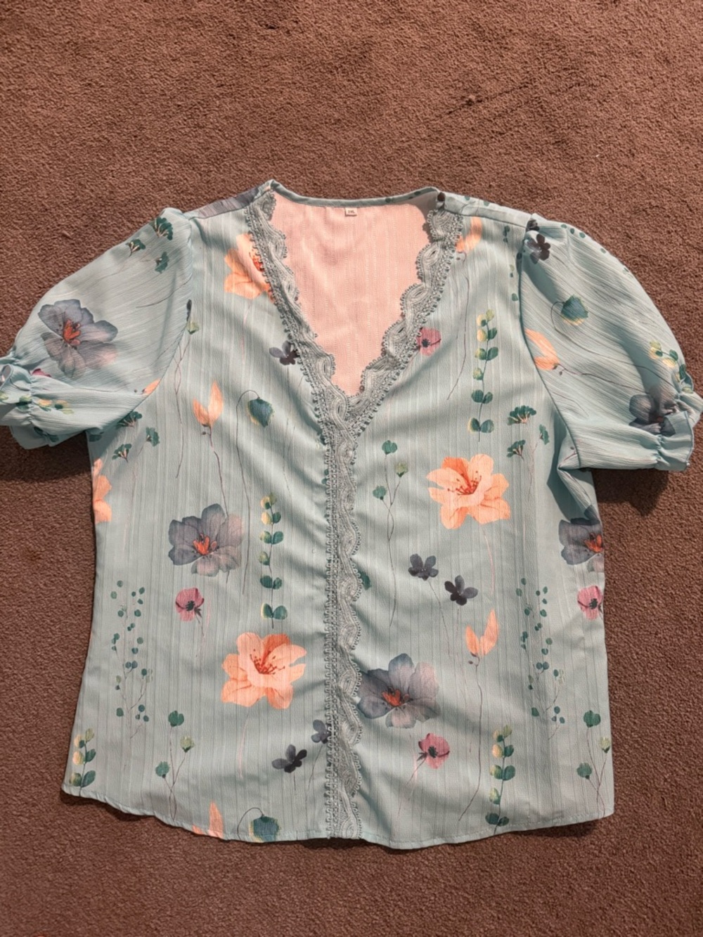 Light Blue Floral Lace-Trim Women’s Blouse